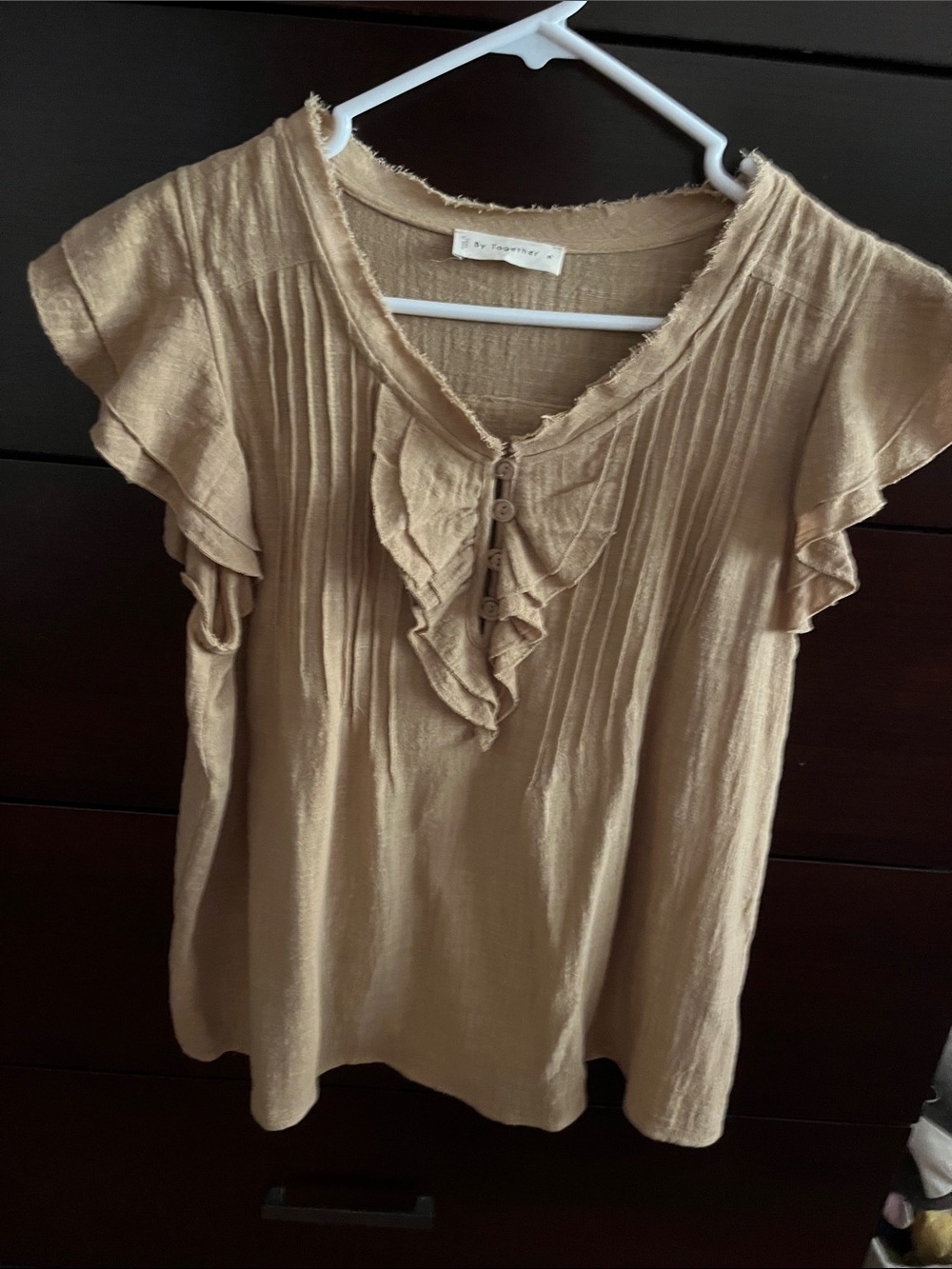 By Together Tan Ruffle Flutter Sleeve Blouse